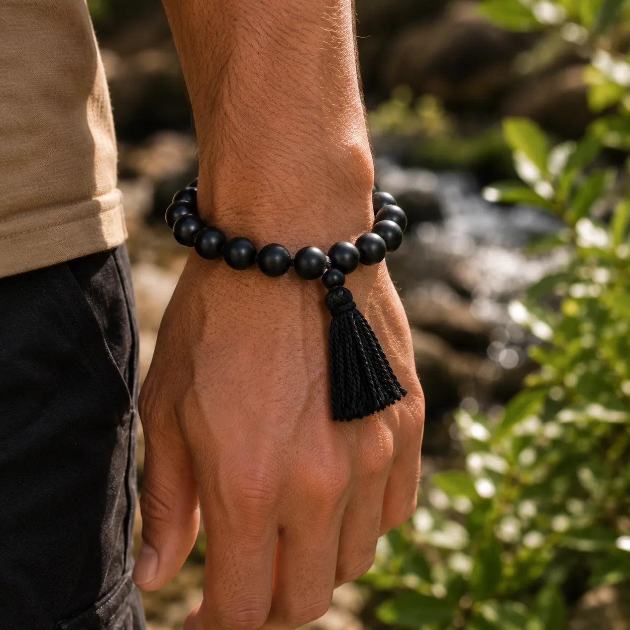 10MM Original Shaligram Stone Bracelet with Natural Black Beads for Meditation, Prayer, and Spiritual Wear