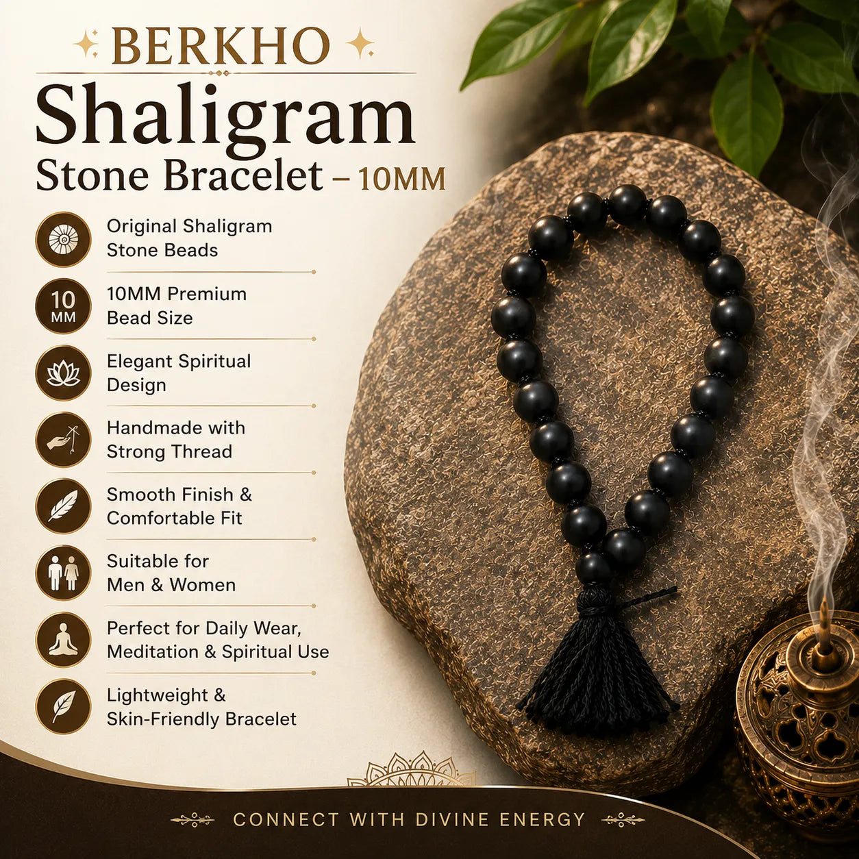 10MM Original Shaligram Stone Bracelet with Natural Black Beads for Meditation, Prayer, and Spiritual Wear