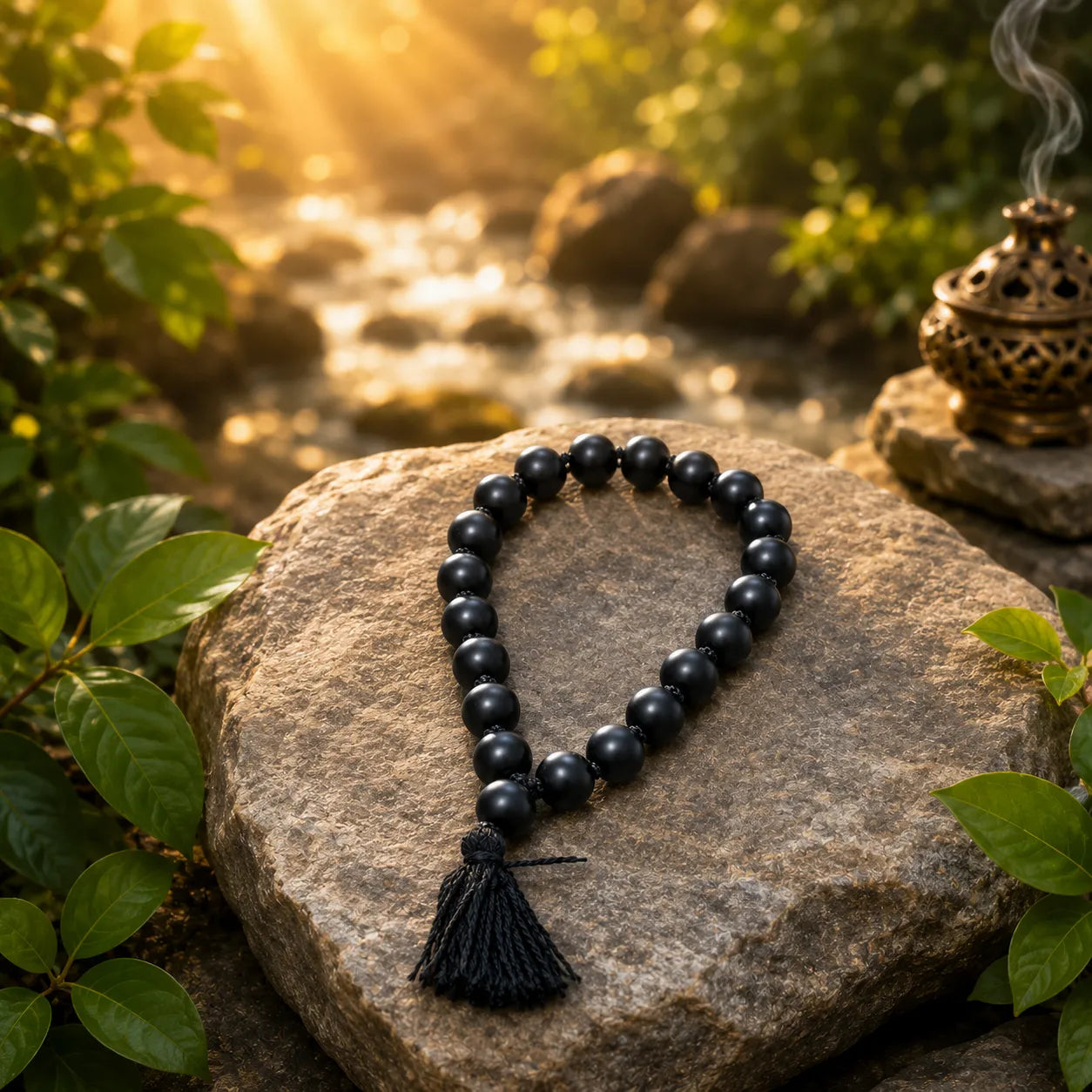 10MM Original Shaligram Stone Bracelet with Natural Black Beads for Meditation, Prayer, and Spiritual Wear