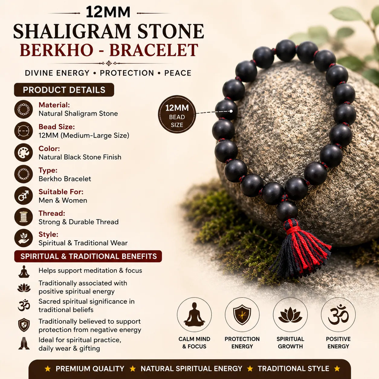 12MM Natural Shaligram Stone Berkho Bracelet with Black Stone Beads for Meditation, Spiritual Practice, and Daily Wear