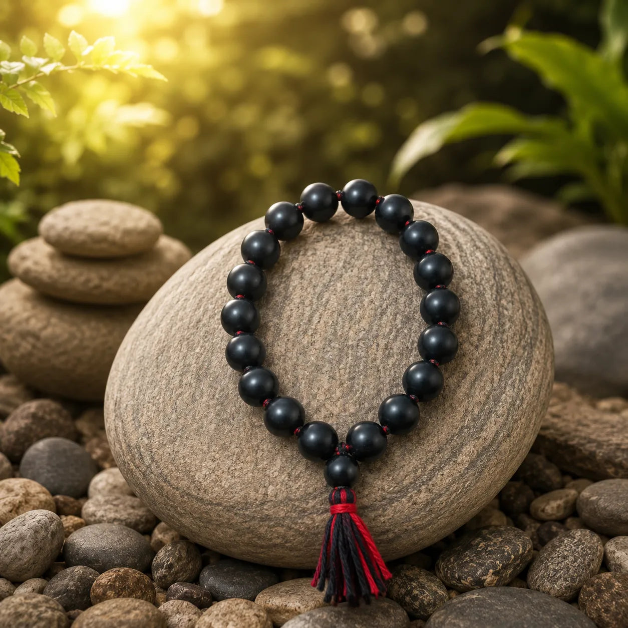 12MM Natural Shaligram Stone Berkho Bracelet with Black Stone Beads for Meditation, Spiritual Practice, and Daily Wear