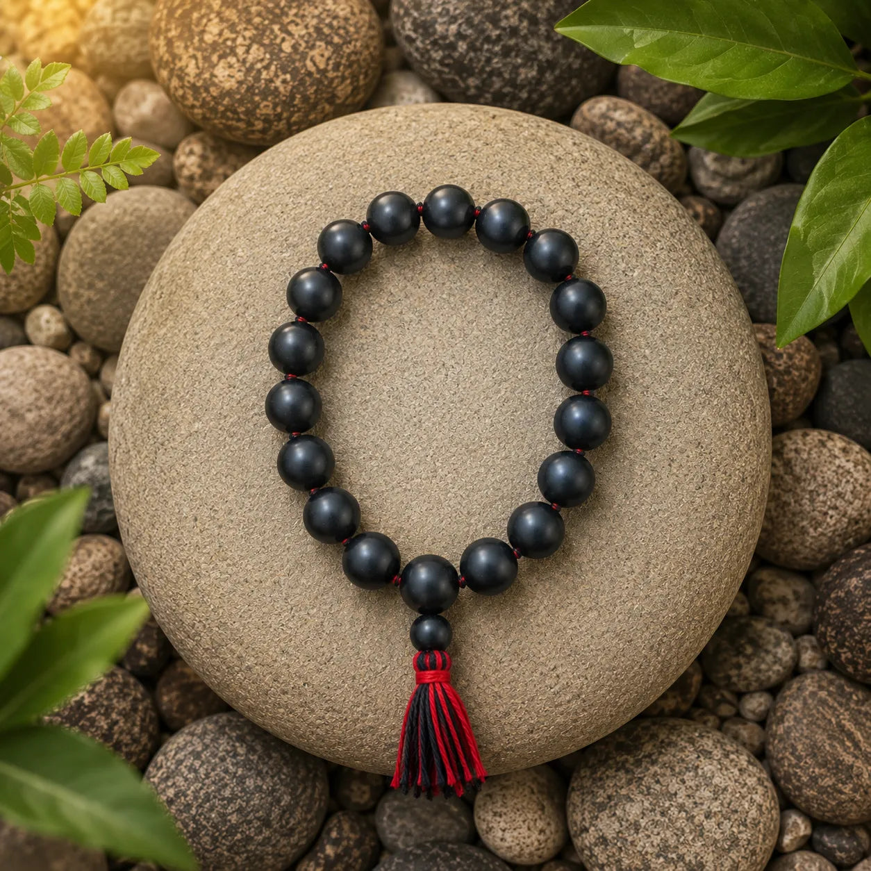 12MM Natural Shaligram Stone Berkho Bracelet with Black Stone Beads for Meditation, Spiritual Practice, and Daily Wear