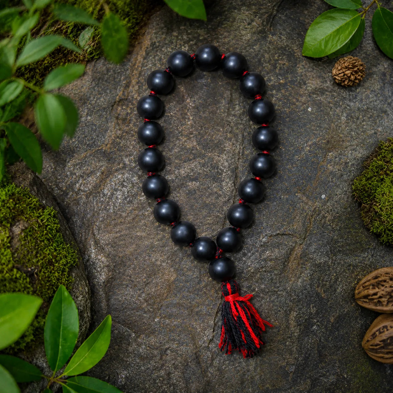 12MM Natural Shaligram Stone Berkho Bracelet with Black Stone Beads for Meditation, Spiritual Practice, and Daily Wear