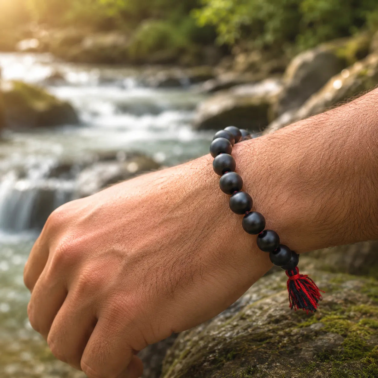12MM Natural Shaligram Stone Berkho Bracelet with Black Stone Beads for Meditation, Spiritual Practice, and Daily Wear