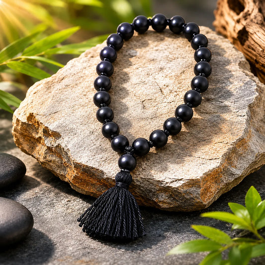 8MM Original Shaligram Stone Bracelet with Natural Matte Black Beads for Meditation, Yoga, Prayer, and Spiritual Wear