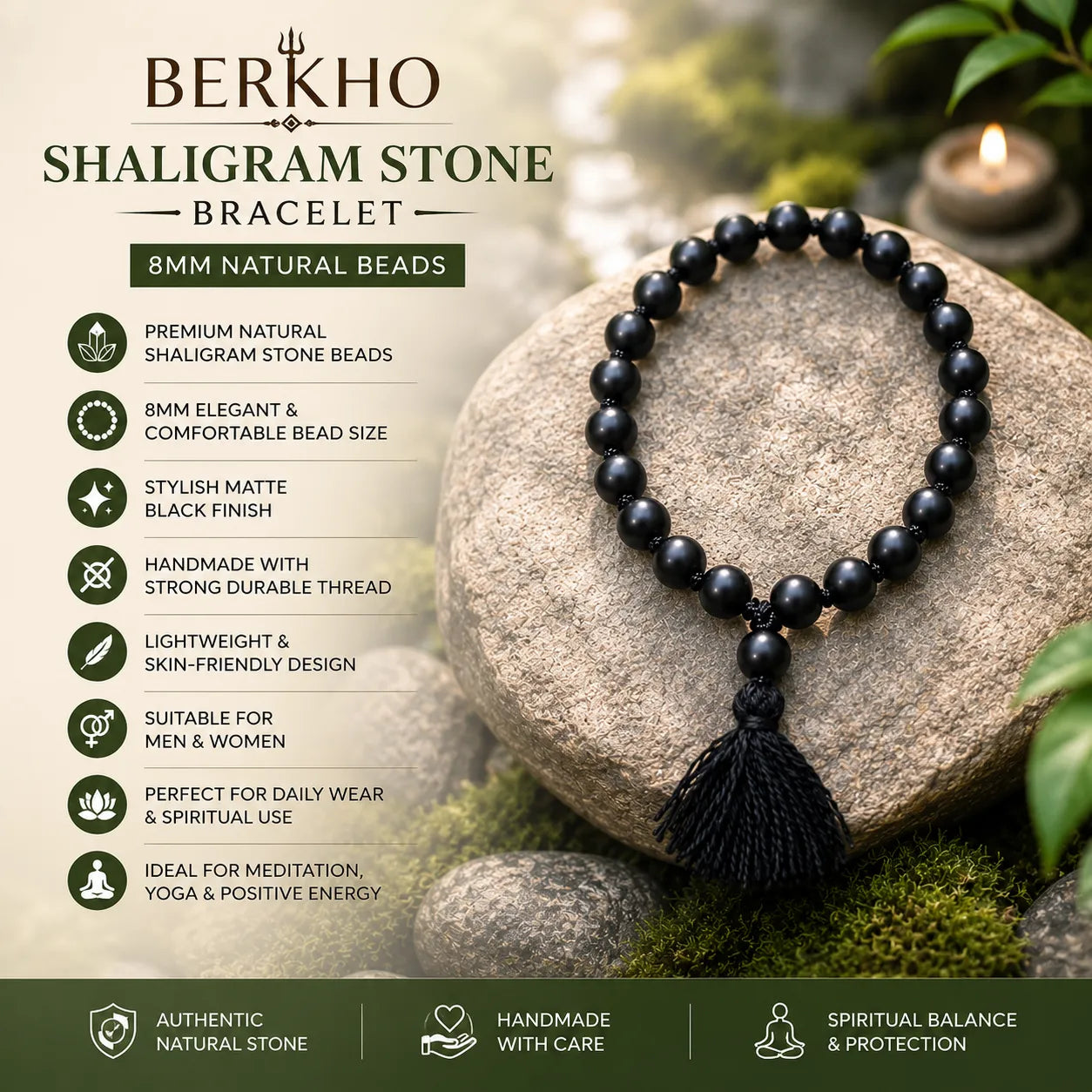 8MM Original Shaligram Stone Bracelet with Natural Matte Black Beads for Meditation, Yoga, Prayer, and Spiritual Wear