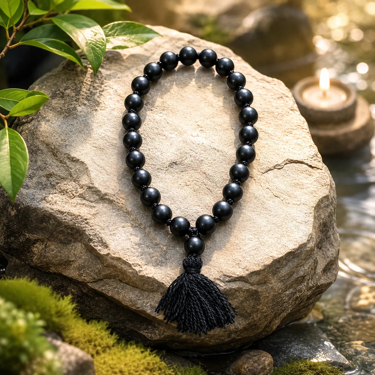 8MM Original Shaligram Stone Bracelet with Natural Matte Black Beads for Meditation, Yoga, Prayer, and Spiritual Wear