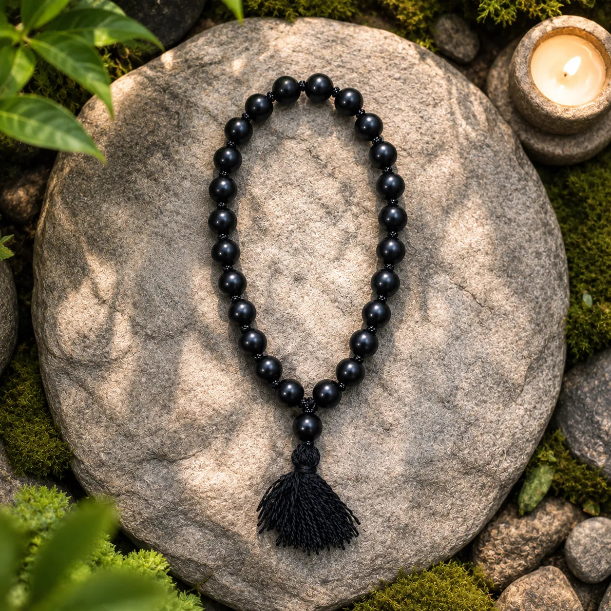 8MM Original Shaligram Stone Bracelet with Natural Matte Black Beads for Meditation, Yoga, Prayer, and Spiritual Wear
