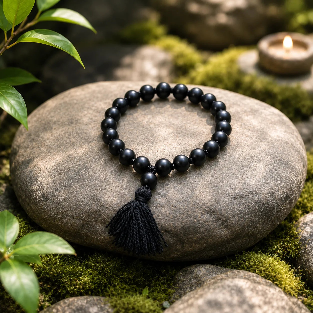 8MM Original Shaligram Stone Bracelet with Natural Matte Black Beads for Meditation, Yoga, Prayer, and Spiritual Wear
