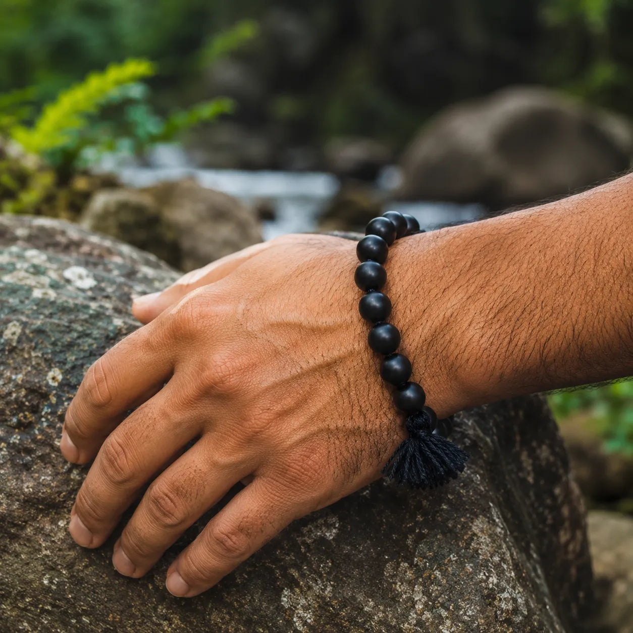 8MM Original Shaligram Stone Bracelet with Natural Matte Black Beads for Meditation, Yoga, Prayer, and Spiritual Wear