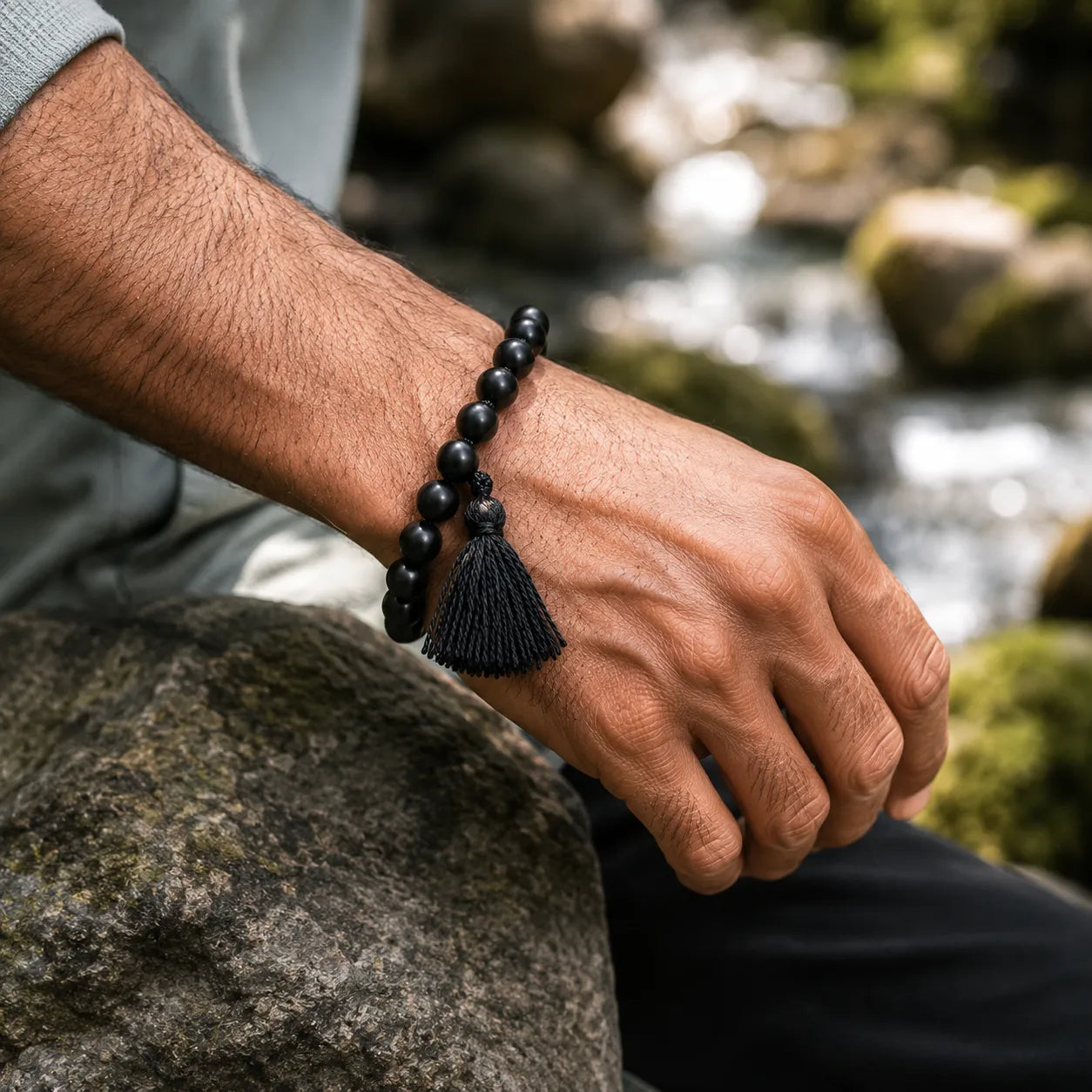 8MM Original Shaligram Stone Bracelet with Natural Matte Black Beads for Meditation, Yoga, Prayer, and Spiritual Wear