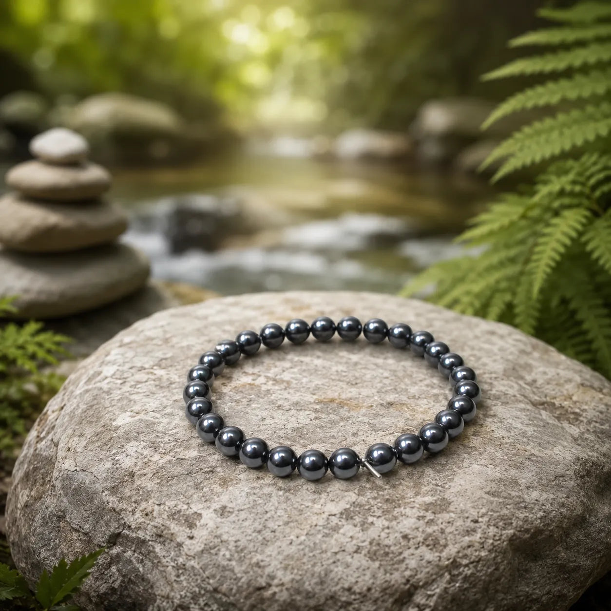 6MM Magnet Stone Bracelet Berkho with Natural Magnetic Hematite Beads and Metallic Black Finish