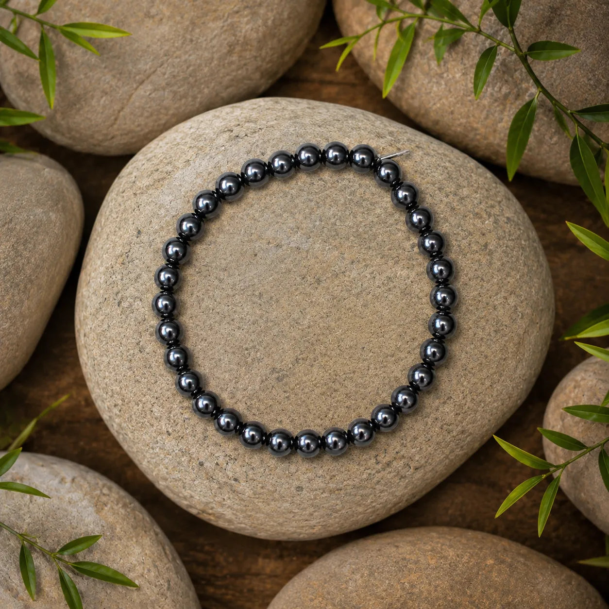 6MM Magnet Stone Bracelet Berkho with Natural Magnetic Hematite Beads and Metallic Black Finish