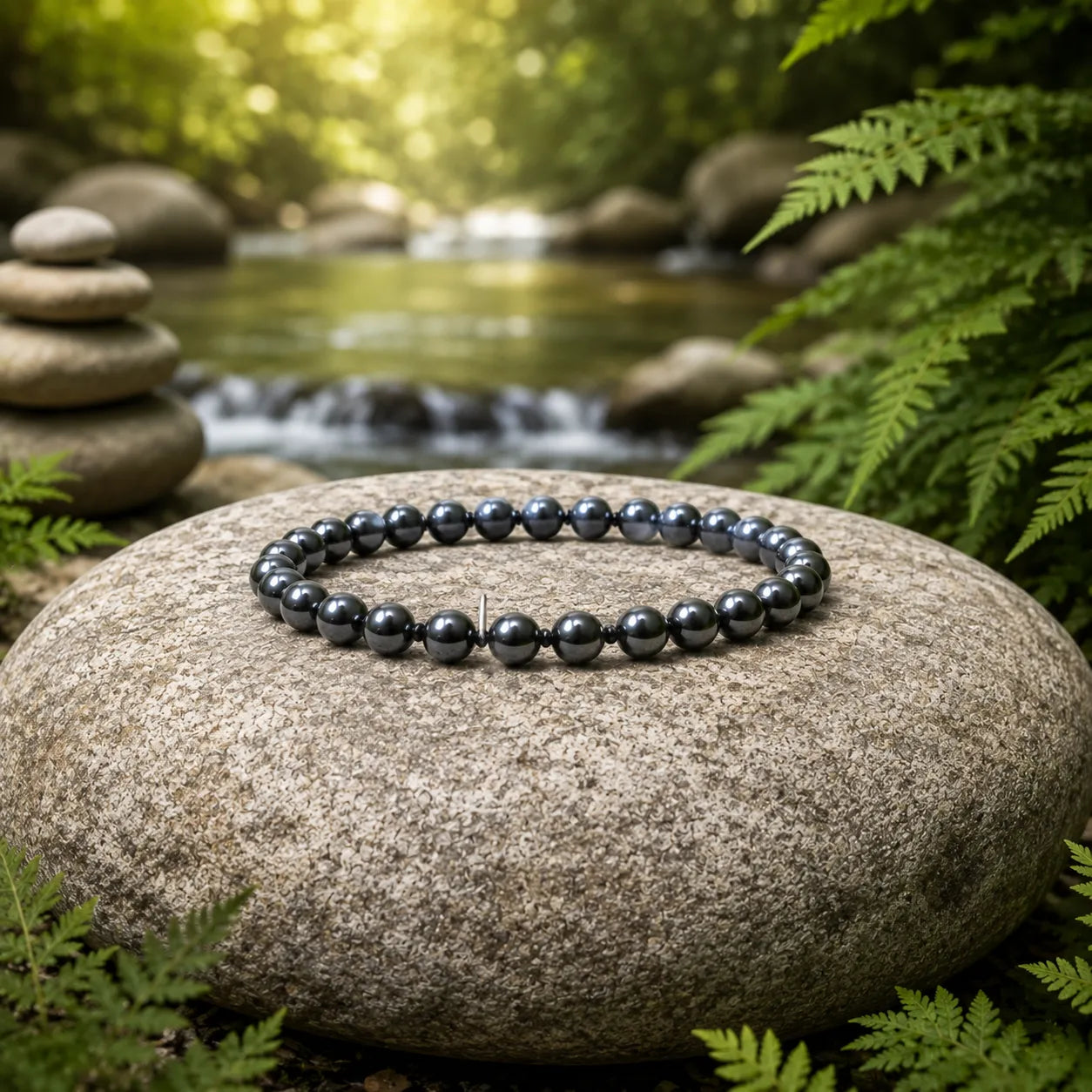 6MM Magnet Stone Bracelet Berkho with Natural Magnetic Hematite Beads and Metallic Black Finish