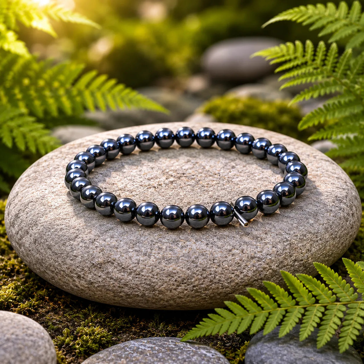 6MM Magnet Stone Bracelet Berkho with Natural Magnetic Hematite Beads and Metallic Black Finish