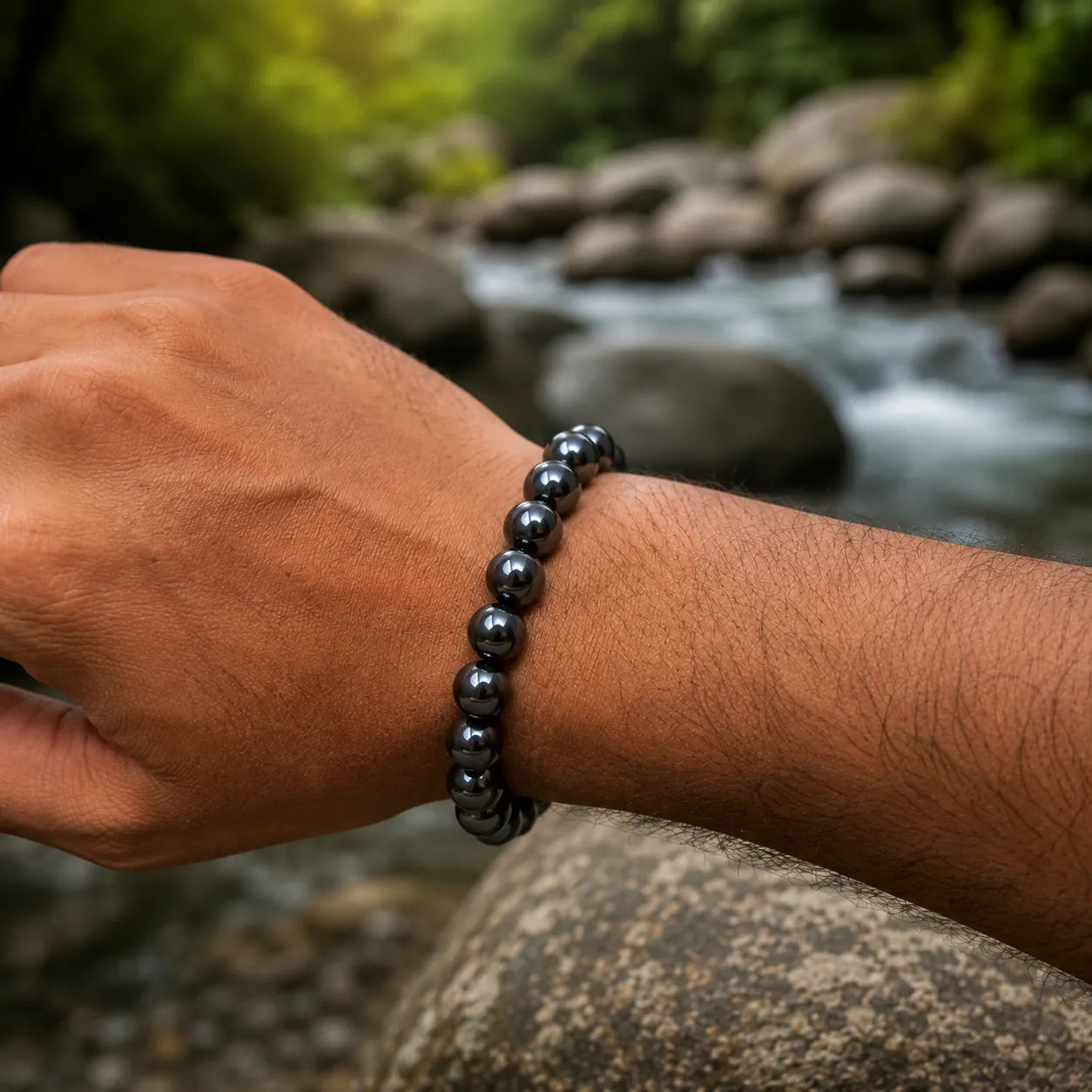 6MM Magnet Stone Bracelet Berkho with Natural Magnetic Hematite Beads and Metallic Black Finish