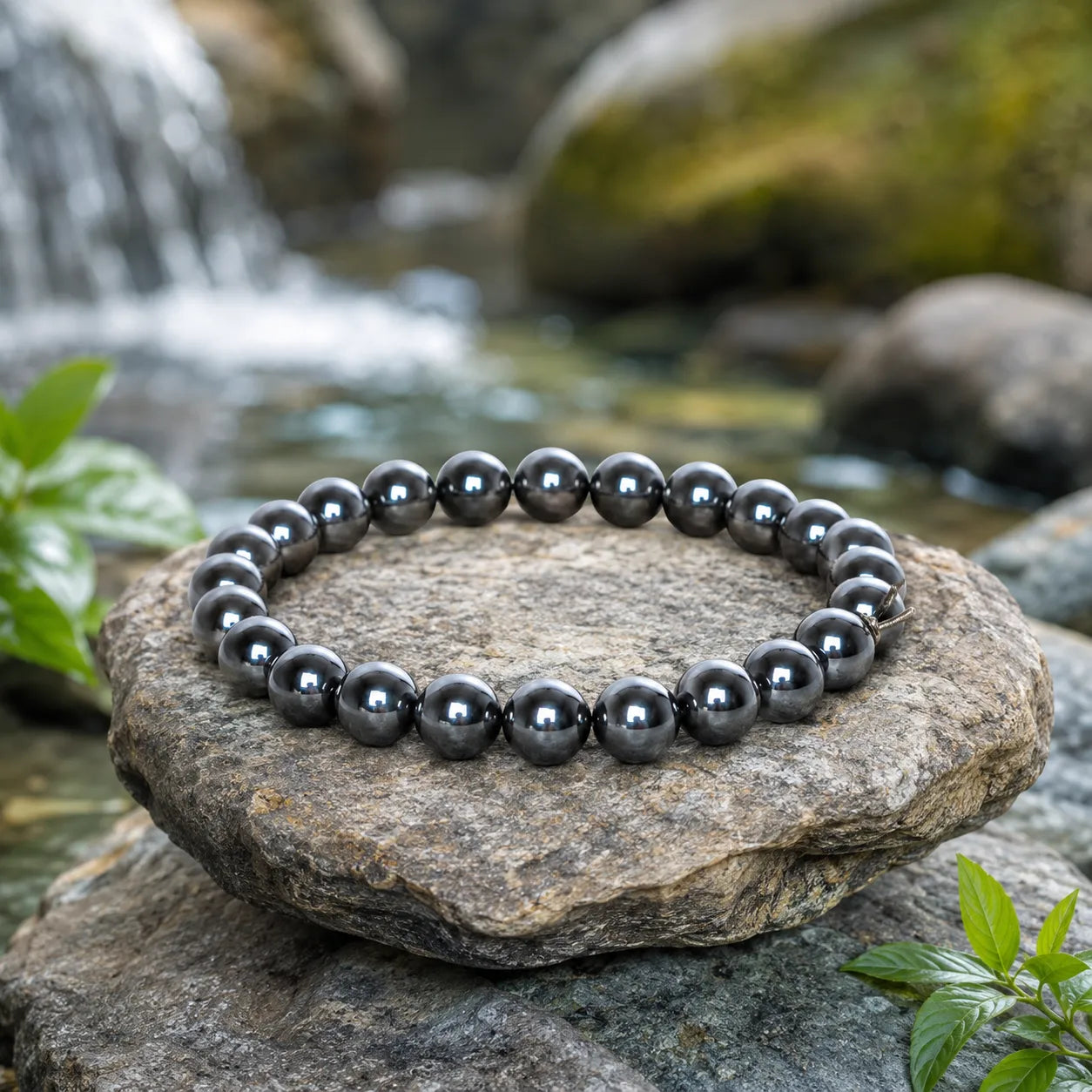 8MM Natural Hematite Stone Bracelet with Smooth Polished Black Metallic Beads for Men and Women