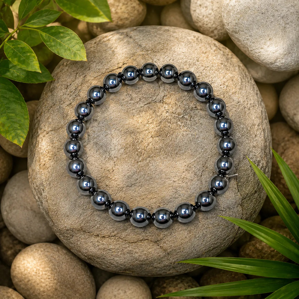 8MM Natural Hematite Stone Bracelet with Smooth Polished Black Metallic Beads for Men and Women