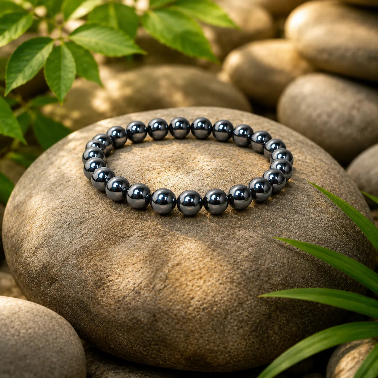 8MM Natural Hematite Stone Bracelet with Smooth Polished Black Metallic Beads for Men and Women