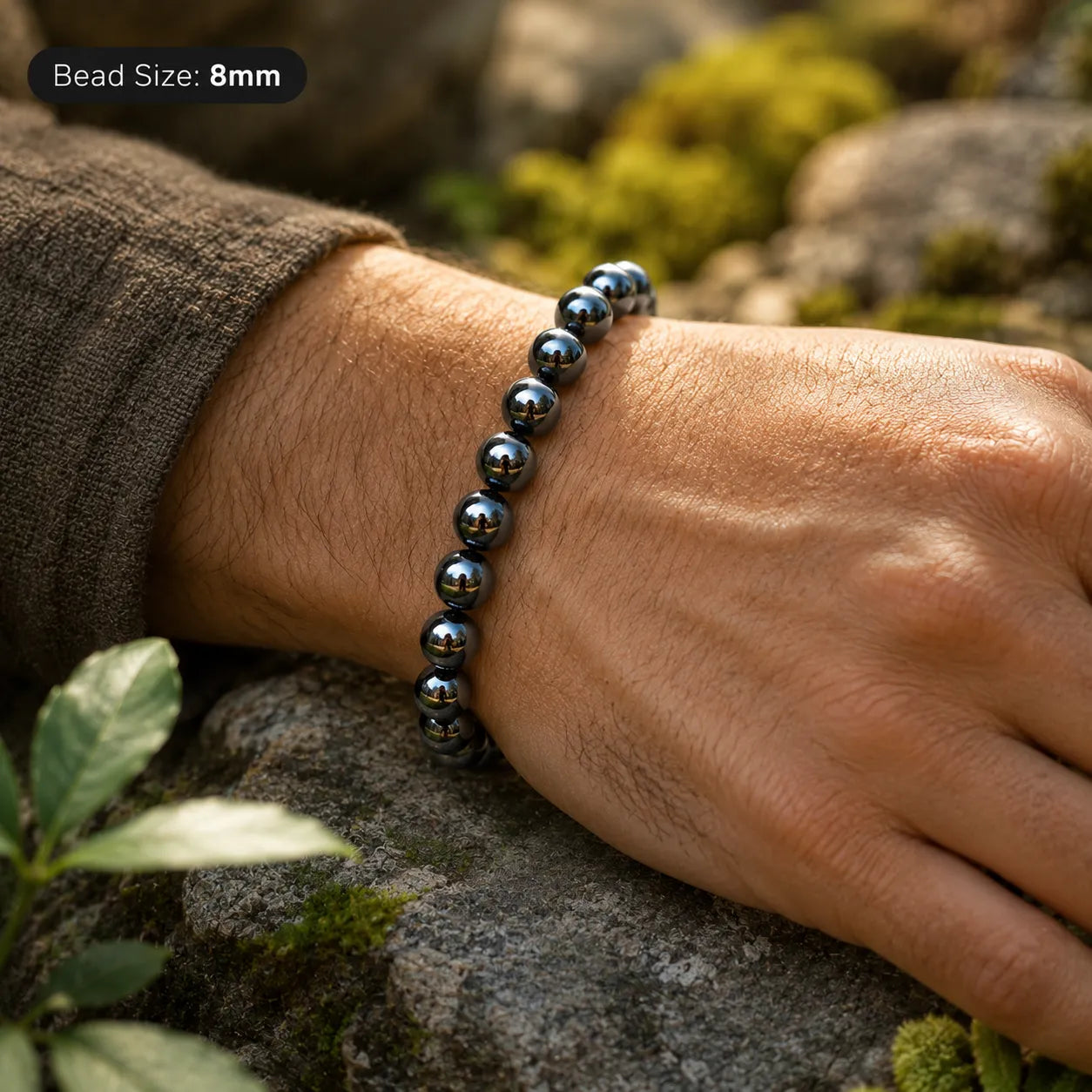 8MM Natural Hematite Stone Bracelet with Smooth Polished Black Metallic Beads for Men and Women