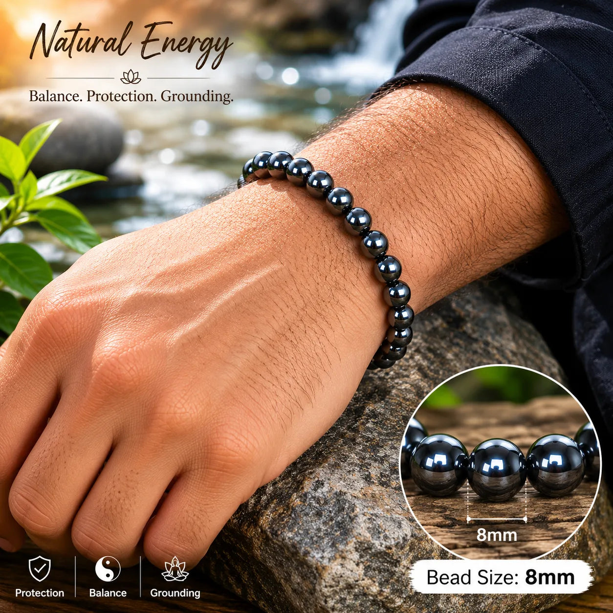 8MM Natural Hematite Stone Bracelet with Smooth Polished Black Metallic Beads for Men and Women