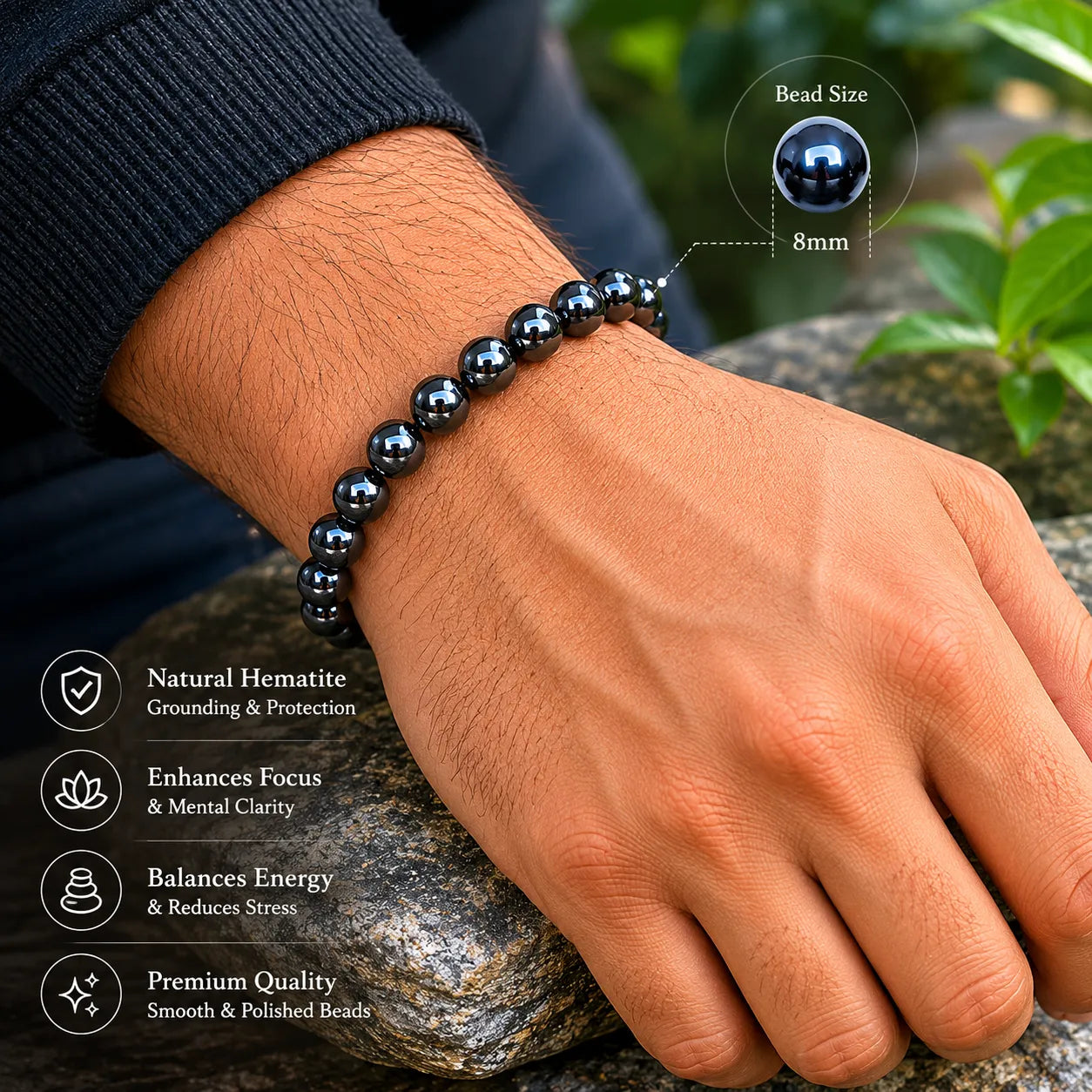 8MM Natural Hematite Stone Bracelet with Smooth Polished Black Metallic Beads for Men and Women