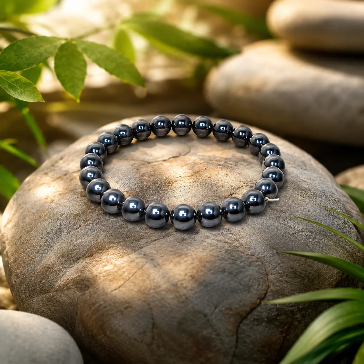 8MM Natural Hematite Stone Bracelet with Smooth Polished Black Metallic Beads for Men and Women