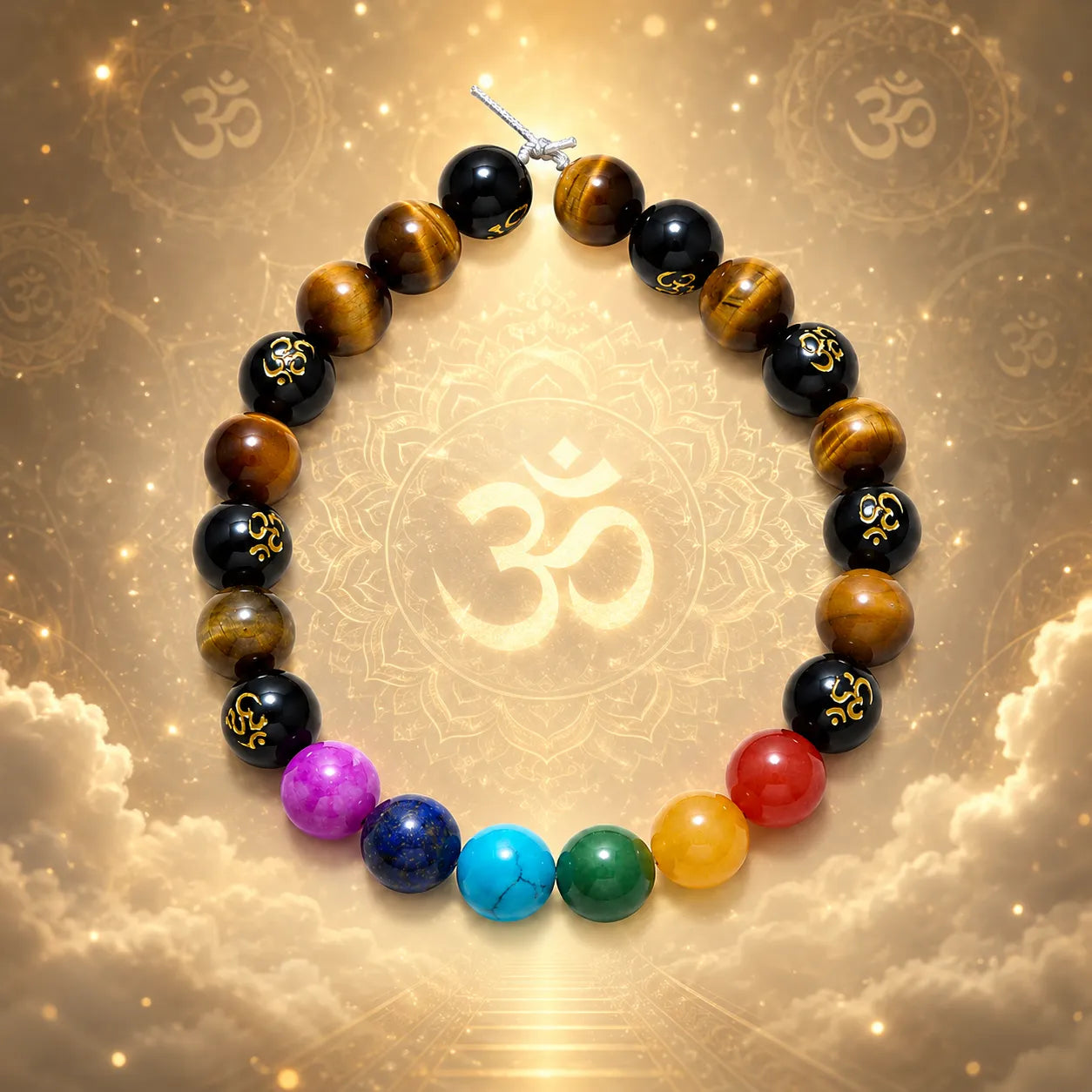 7 Chakra Tiger Eye Om Bracelet Berkho featuring natural Tiger Eye stone beads, colorful chakra gemstone beads, and Om symbol beads