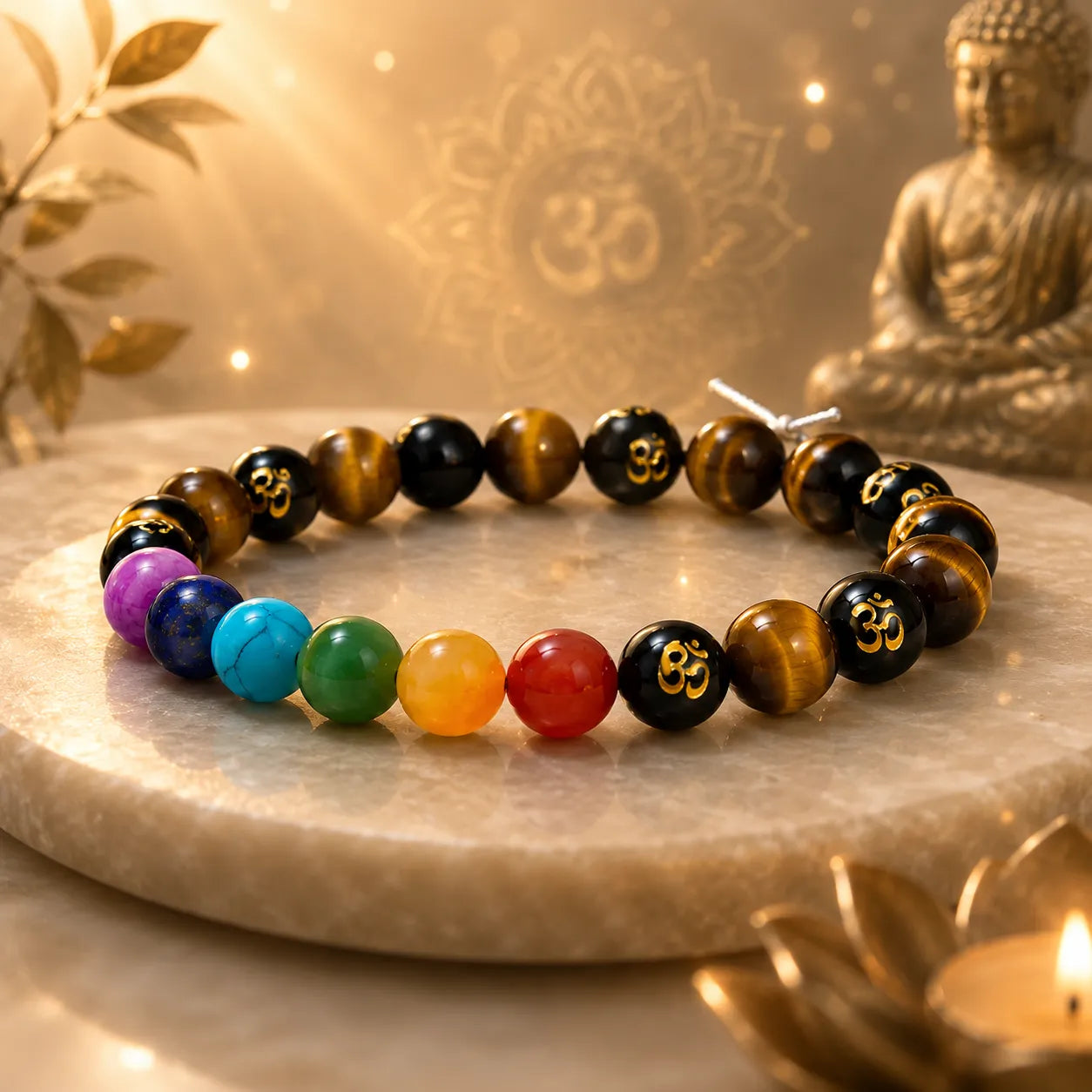 7 Chakra Tiger Eye Om Bracelet Berkho featuring natural Tiger Eye stone beads, colorful chakra gemstone beads, and Om symbol beads