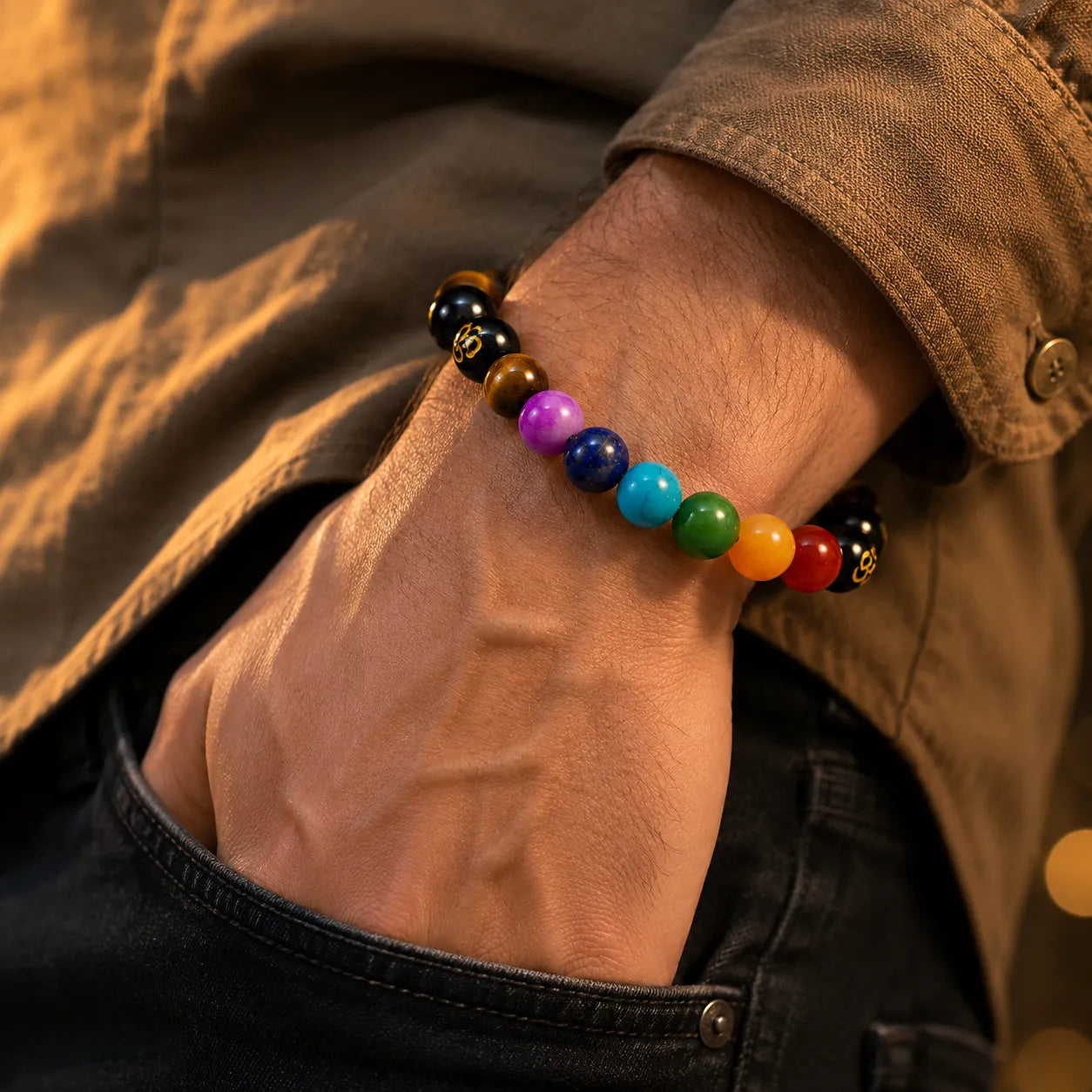 7 Chakra Tiger Eye Om Bracelet Berkho featuring natural Tiger Eye stone beads, colorful chakra gemstone beads, and Om symbol beads