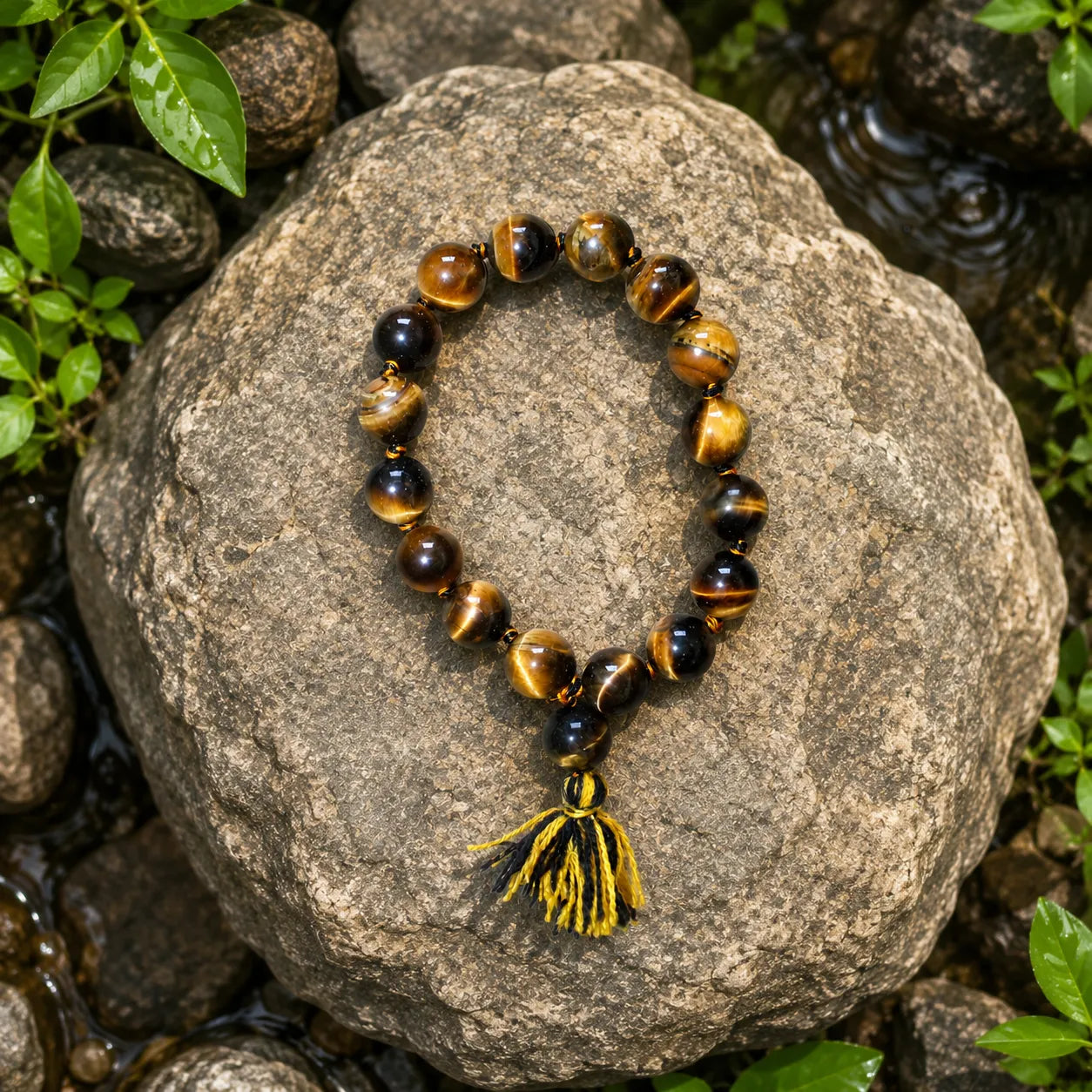 14MM Original Tiger Eye Stone Berkho featuring natural brown-golden Tiger Eye gemstone beads with premium tassel for confidence, protection, meditation, and daily wear.