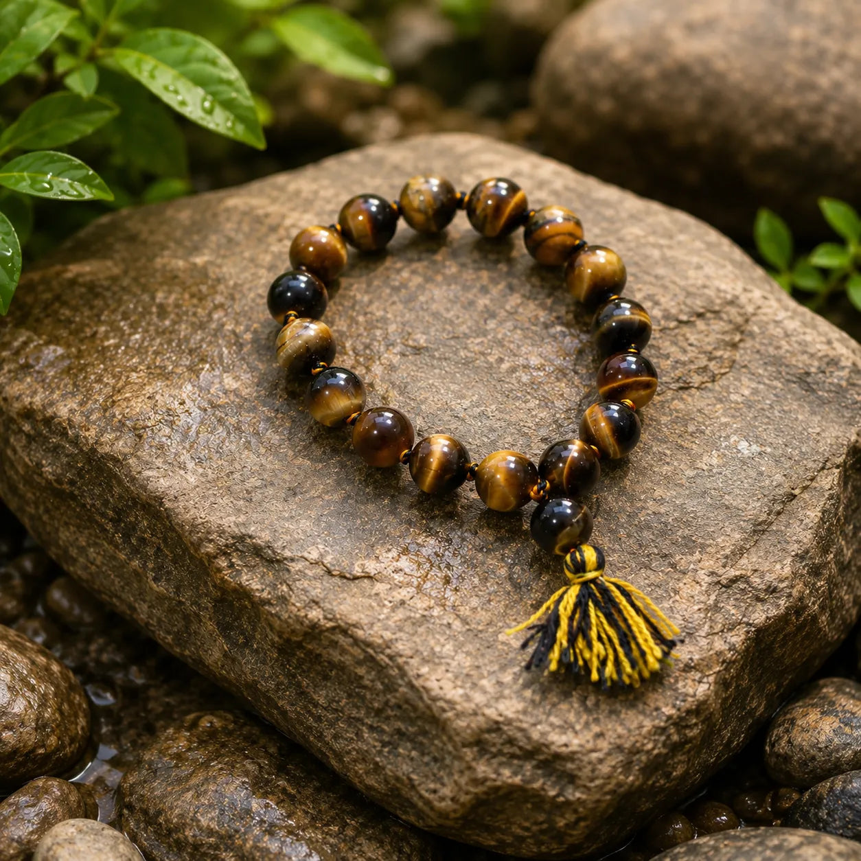 14MM Original Tiger Eye Stone Berkho featuring natural brown-golden Tiger Eye gemstone beads with premium tassel for confidence, protection, meditation, and daily wear.