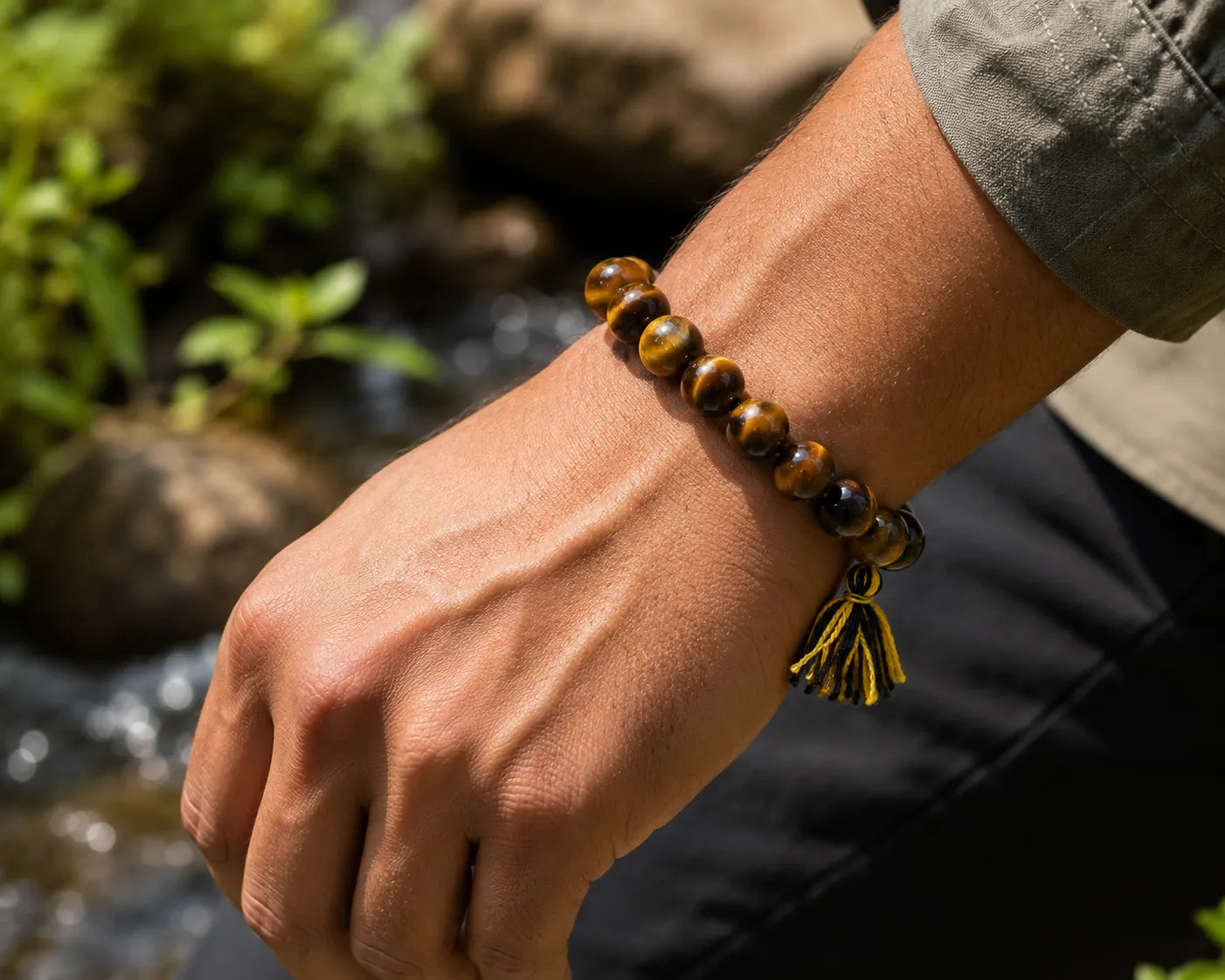 14MM Original Tiger Eye Stone Berkho featuring natural brown-golden Tiger Eye gemstone beads with premium tassel for confidence, protection, meditation, and daily wear.