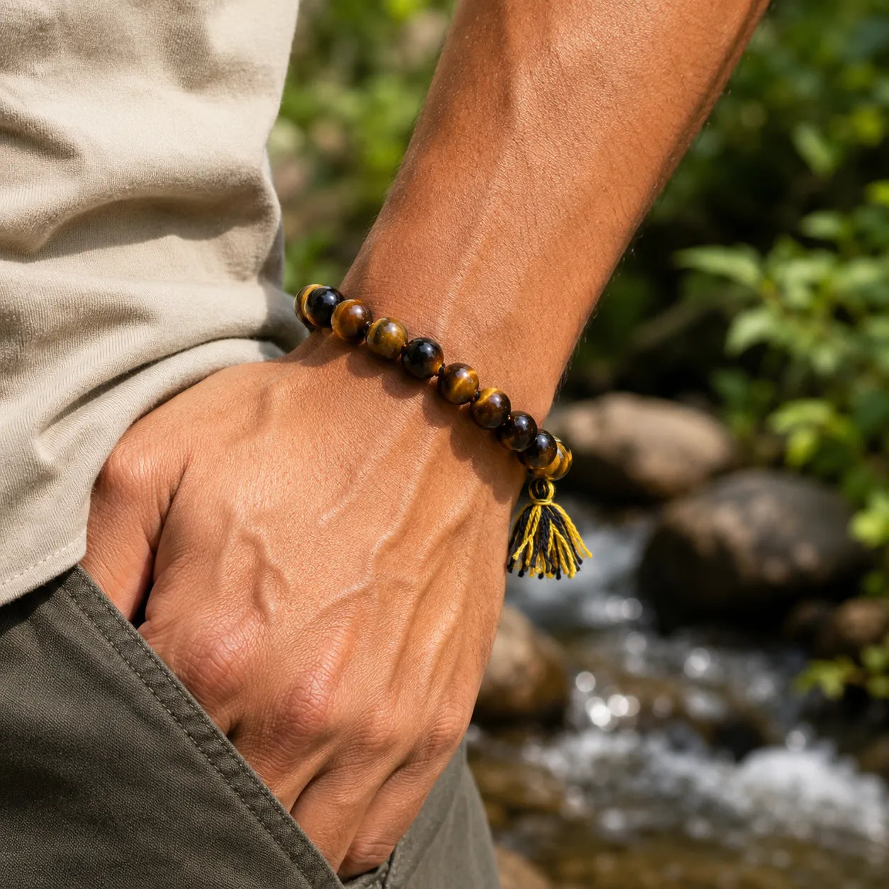 14MM Original Tiger Eye Stone Berkho featuring natural brown-golden Tiger Eye gemstone beads with premium tassel for confidence, protection, meditation, and daily wear.