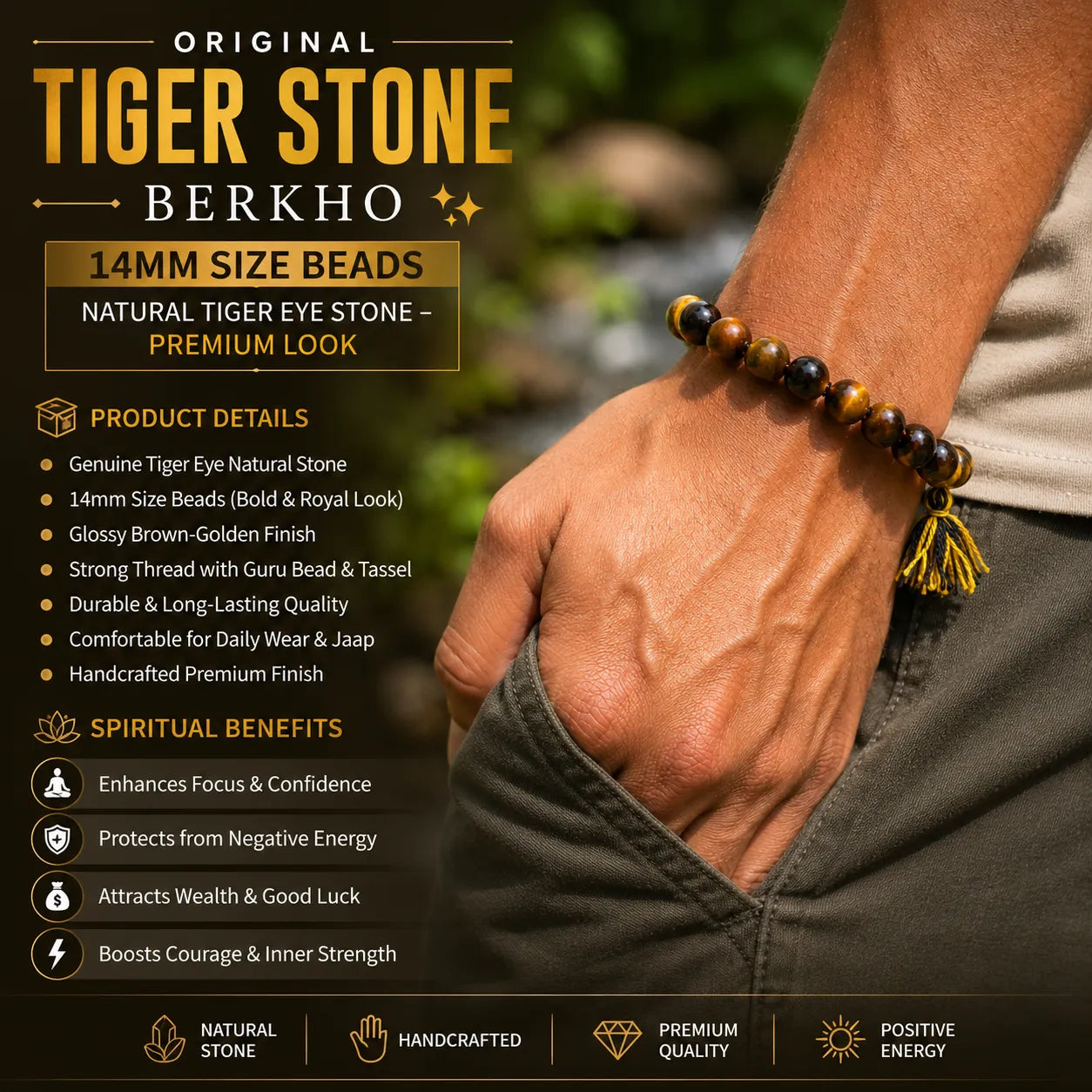 14MM Original Tiger Eye Stone Berkho featuring natural brown-golden Tiger Eye gemstone beads with premium tassel for confidence, protection, meditation, and daily wear.