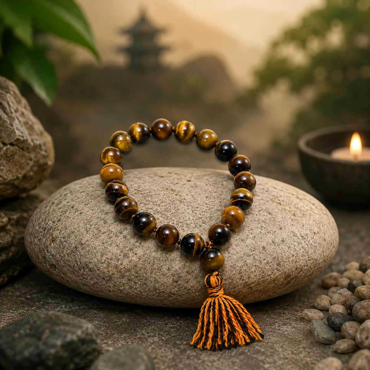 12MM Natural Tiger Eye Stone Berkho Bracelet with Golden Brown Gemstone Beads for Men and Women
