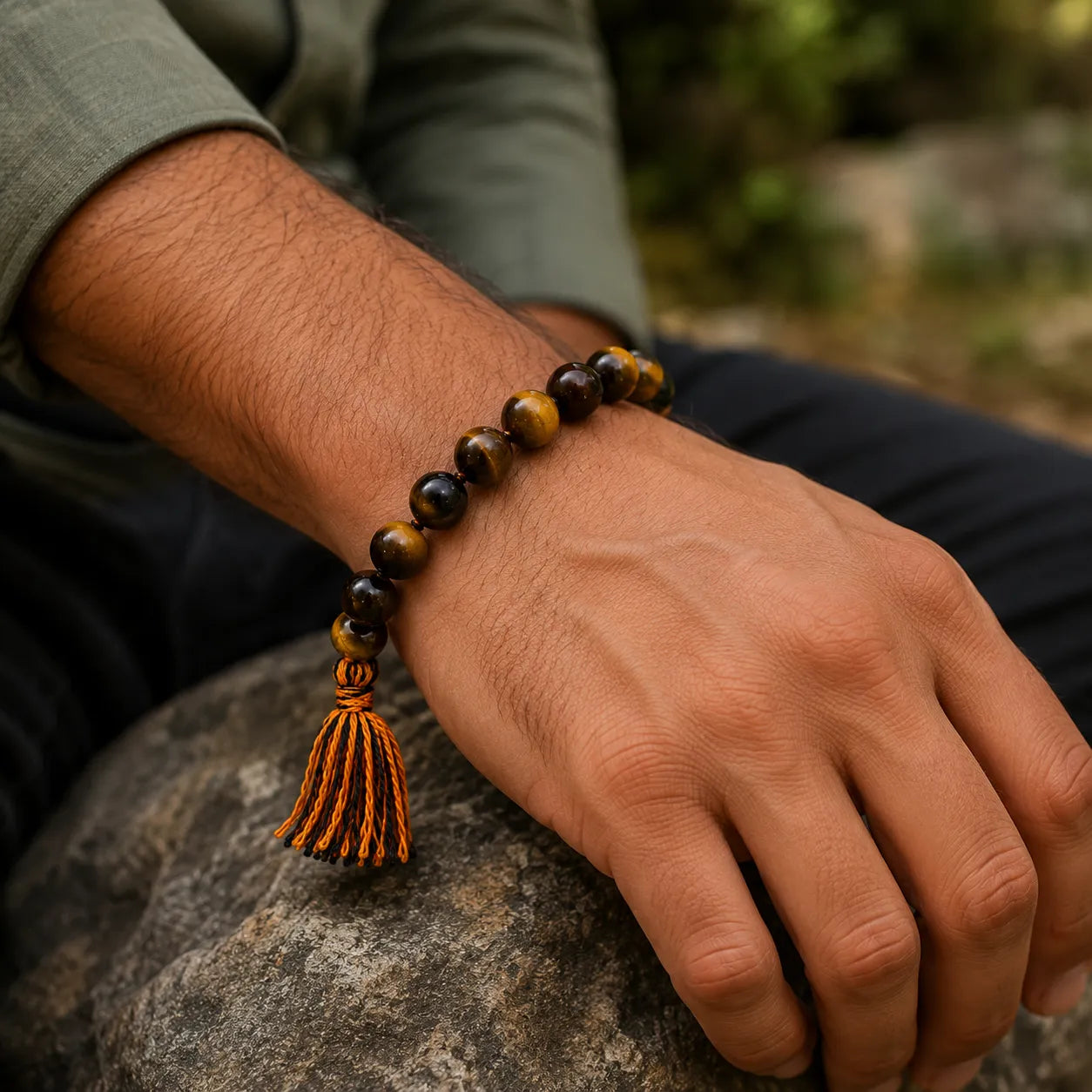 12MM Natural Tiger Eye Stone Berkho Bracelet with Golden Brown Gemstone Beads for Men and Women