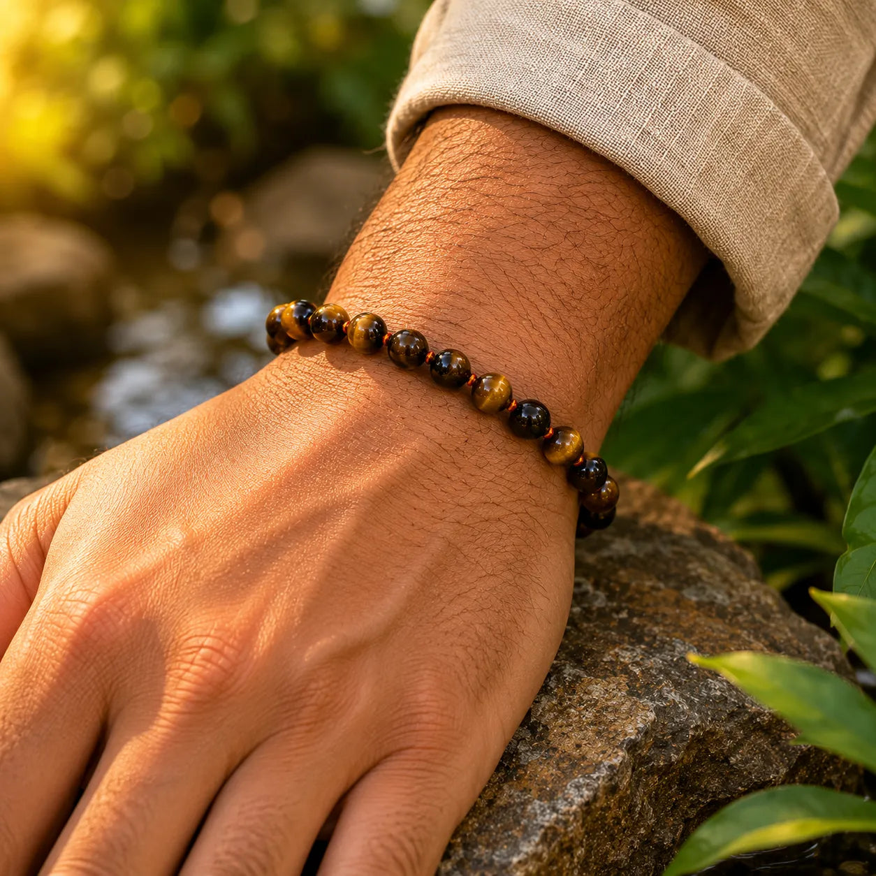 8MM Tiger Eye Stone Bracelet with Natural Golden Brown Gemstone Beads and Glossy Finish for Men and Women
