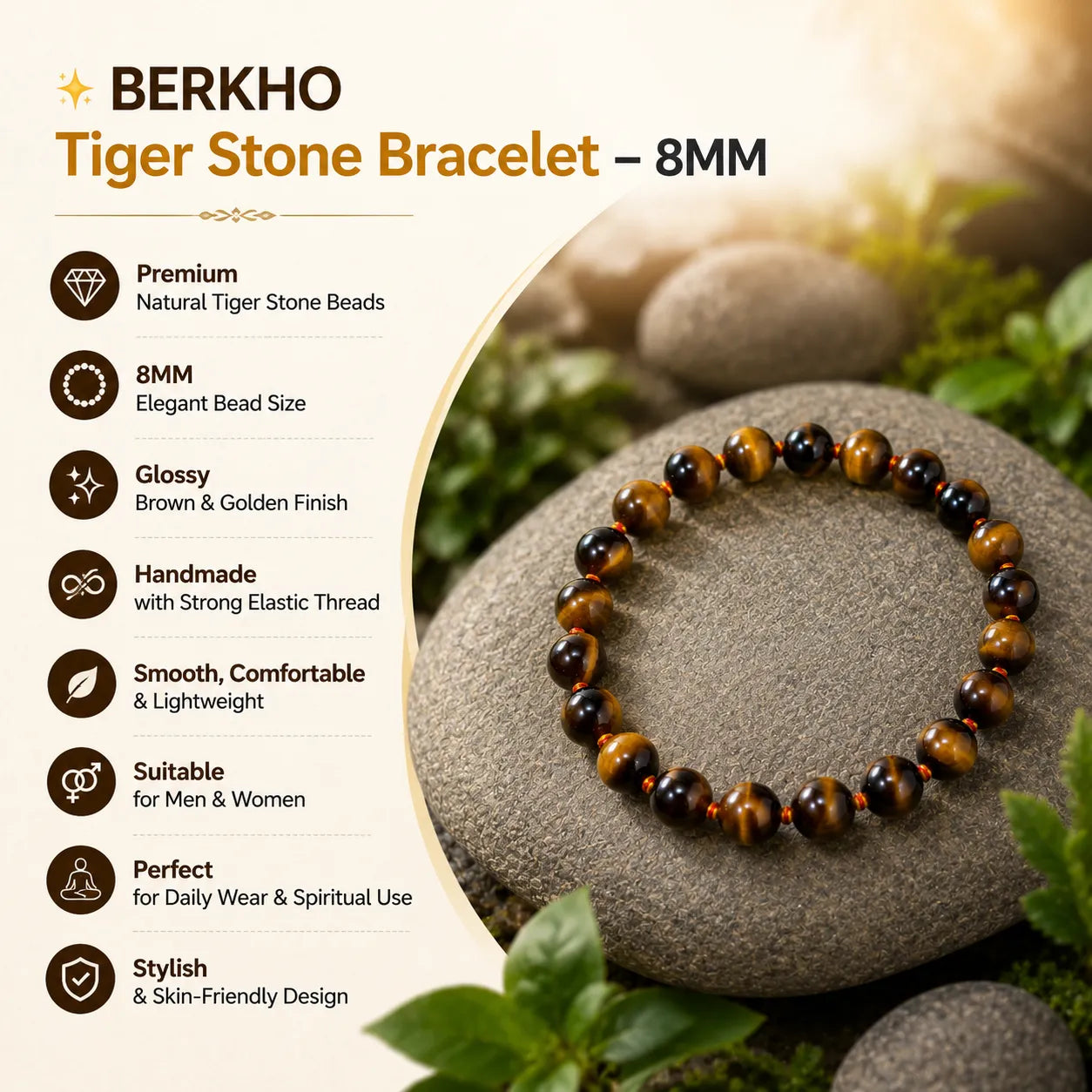 8MM Tiger Eye Stone Bracelet with Natural Golden Brown Gemstone Beads and Glossy Finish for Men and Women