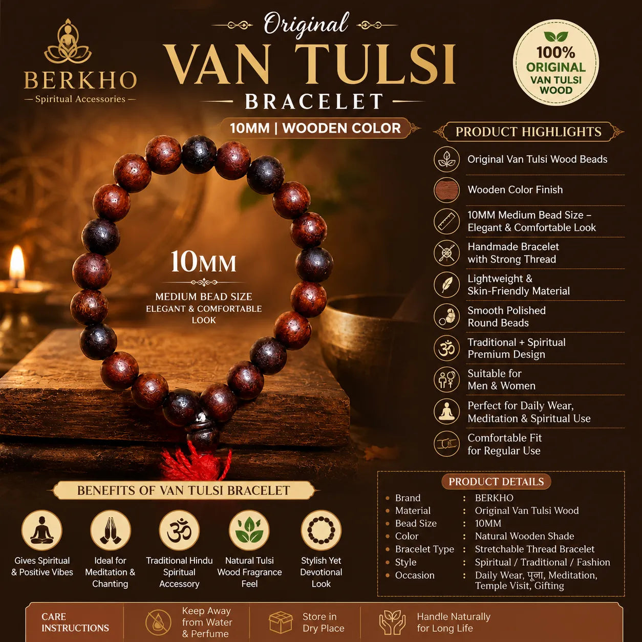 10MM Wooden Color Original Van Tulsi Berkho Bracelet Handmade Natural Tulsi Wood Spiritual Bracelet