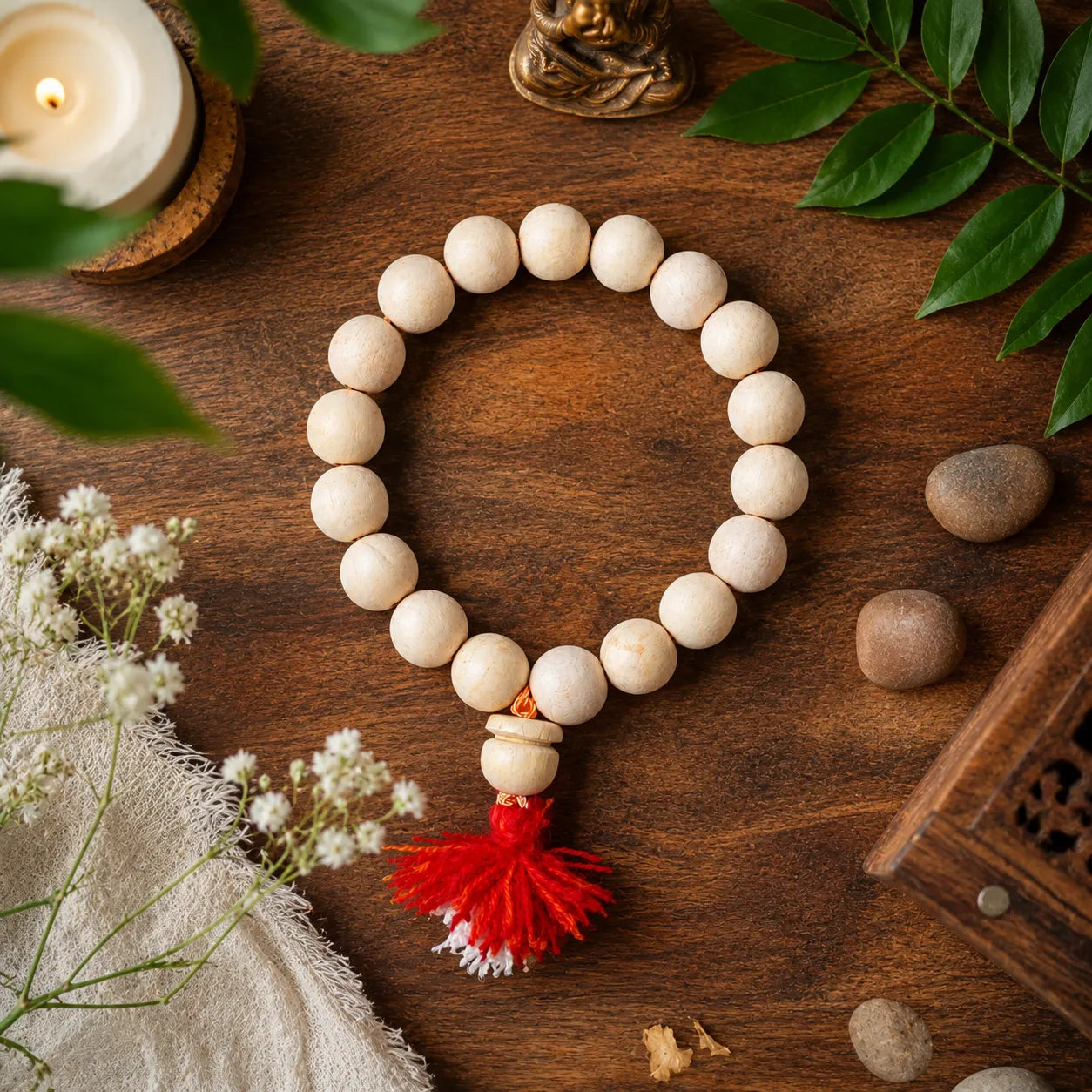 14MM White Color Original Van Tulsi Berkho Bracelet Handmade Natural Tulsi Wood Spiritual Bracelet