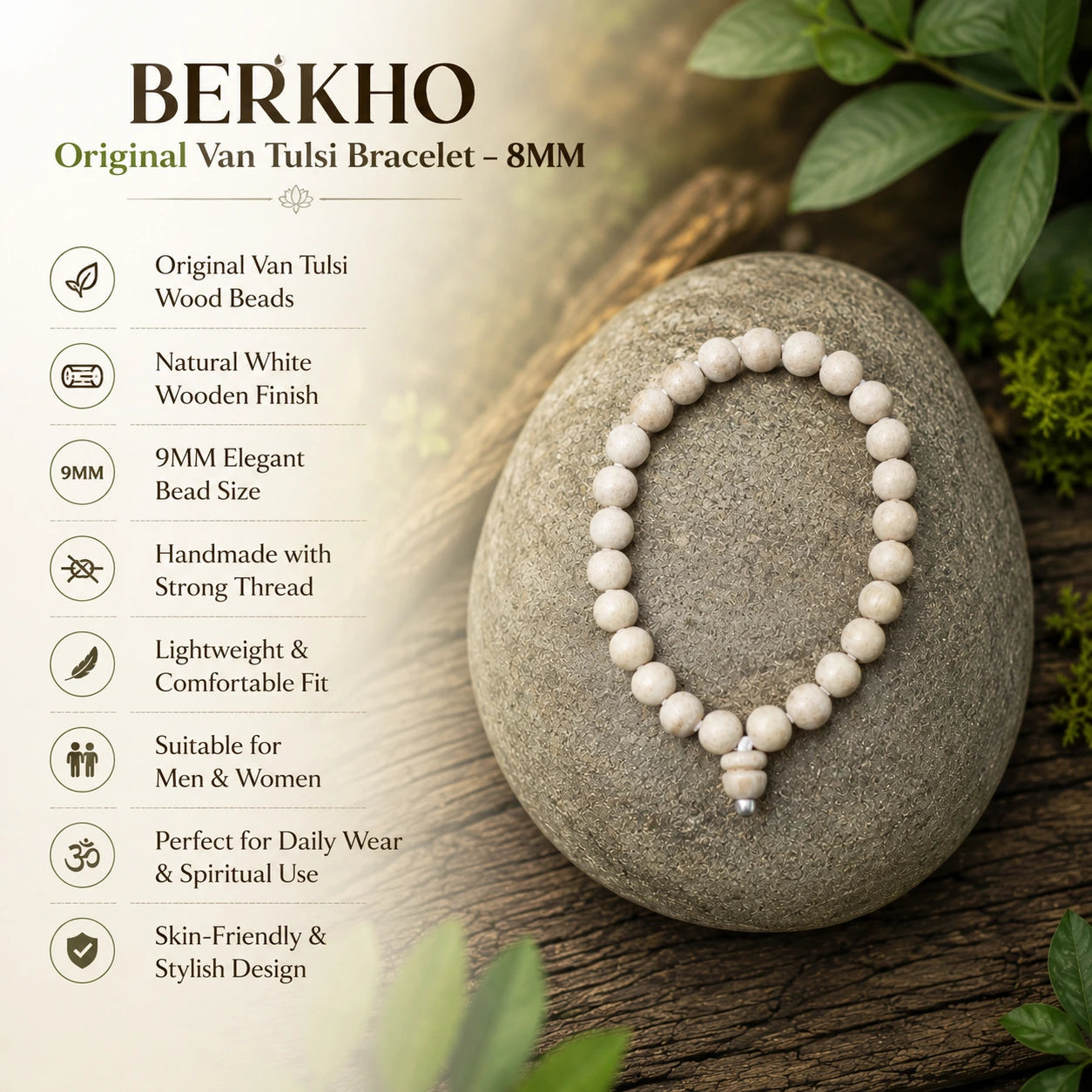 8MM White Color Original Van Tulsi Berkho Bracelet Natural Tulsi Wood Bead Bracelet