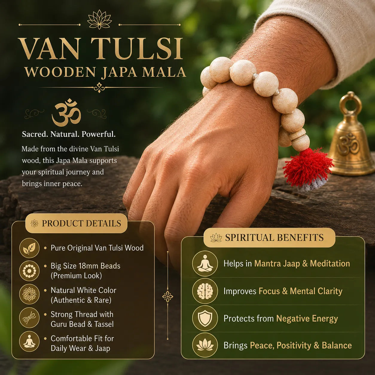 18MM White Color Original Van Tulsi Berkho Bracelet Handmade Natural Tulsi Wood Spiritual Bracelet