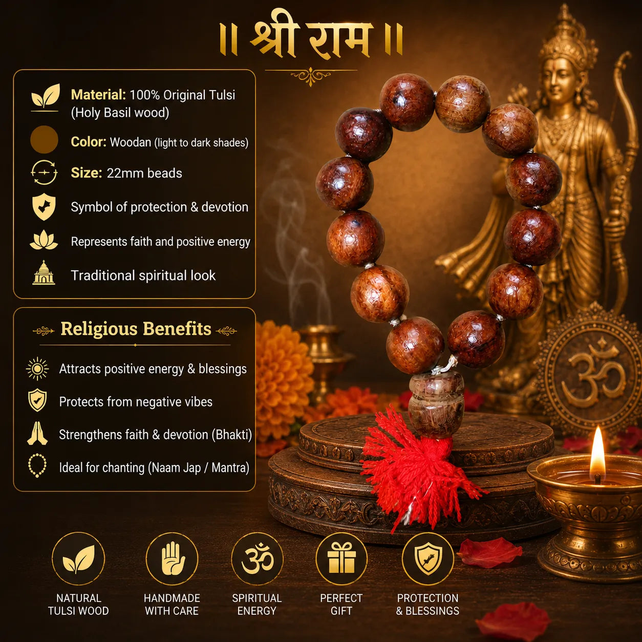 22MM Wooden Color Original Van Tulsi Berkho Bracelet Handmade Natural Tulsi Wood Spiritual Bracelet